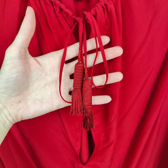 Saint Laurent Blouse Womens FR 40 US 8 Red Silk Puff Sleeve Drawstring Neckline - Picture 2 of 13